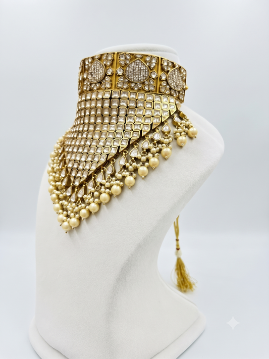 Royal Polki & Kundan Statement Choker Necklace with Pearl Droplets