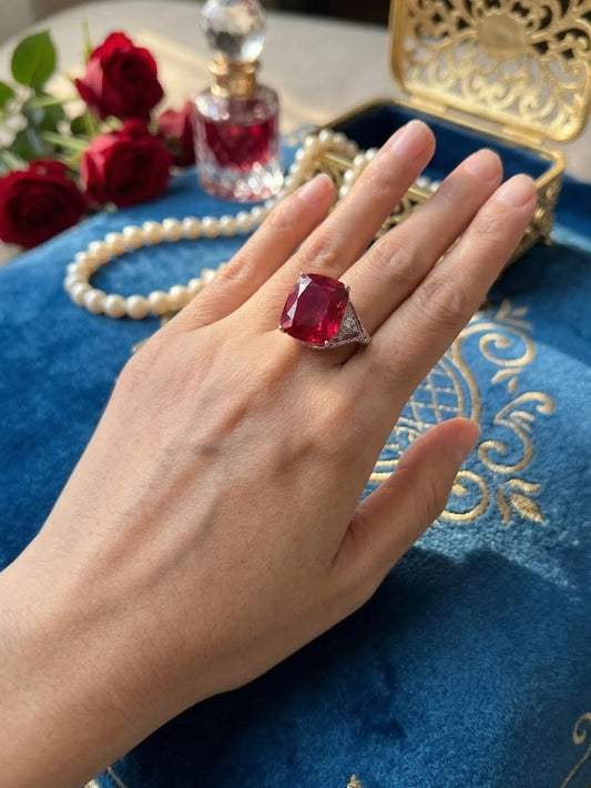 Large ruby red crystal solitaire ring design in sterling silver