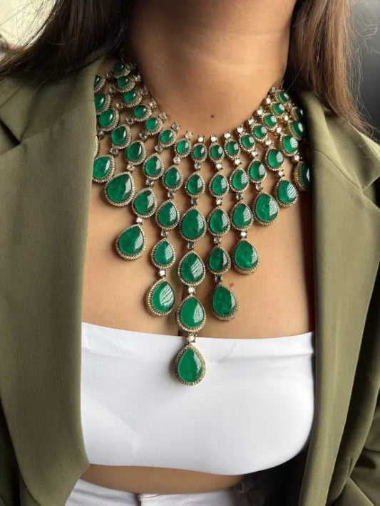 Exquisite JewelStreet Emerald necklace set featuring deep green gemstone beads and gold-plated floral Kundan motifs