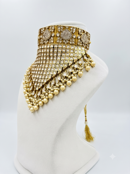 Royal Polki & Kundan Statement Choker Necklace with Pearl Droplets