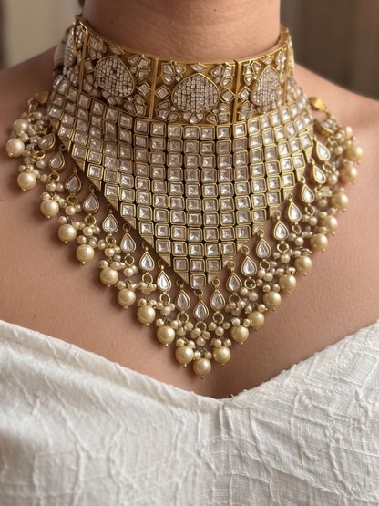 Royal Polki & Kundan Statement Choker Necklace with Pearl Droplets