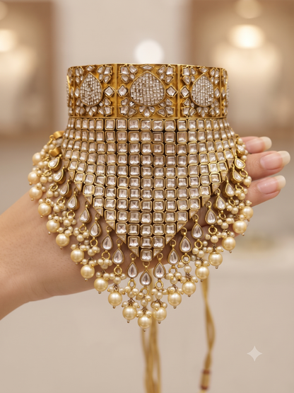 Royal Polki & Kundan Statement Choker Necklace with Pearl Droplets