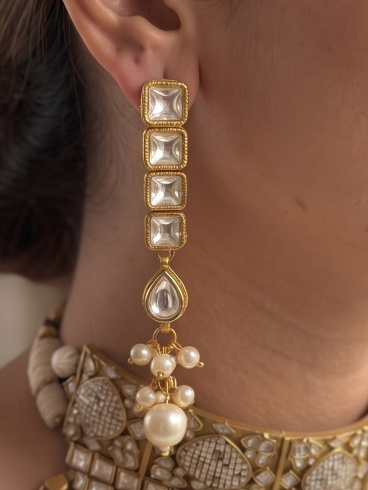 Royal Polki & Kundan Statement Choker Necklace with Pearl Droplets