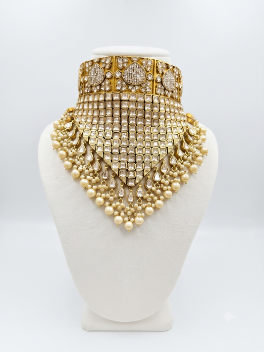 Royal Polki & Kundan Statement Choker Necklace with Pearl Droplets