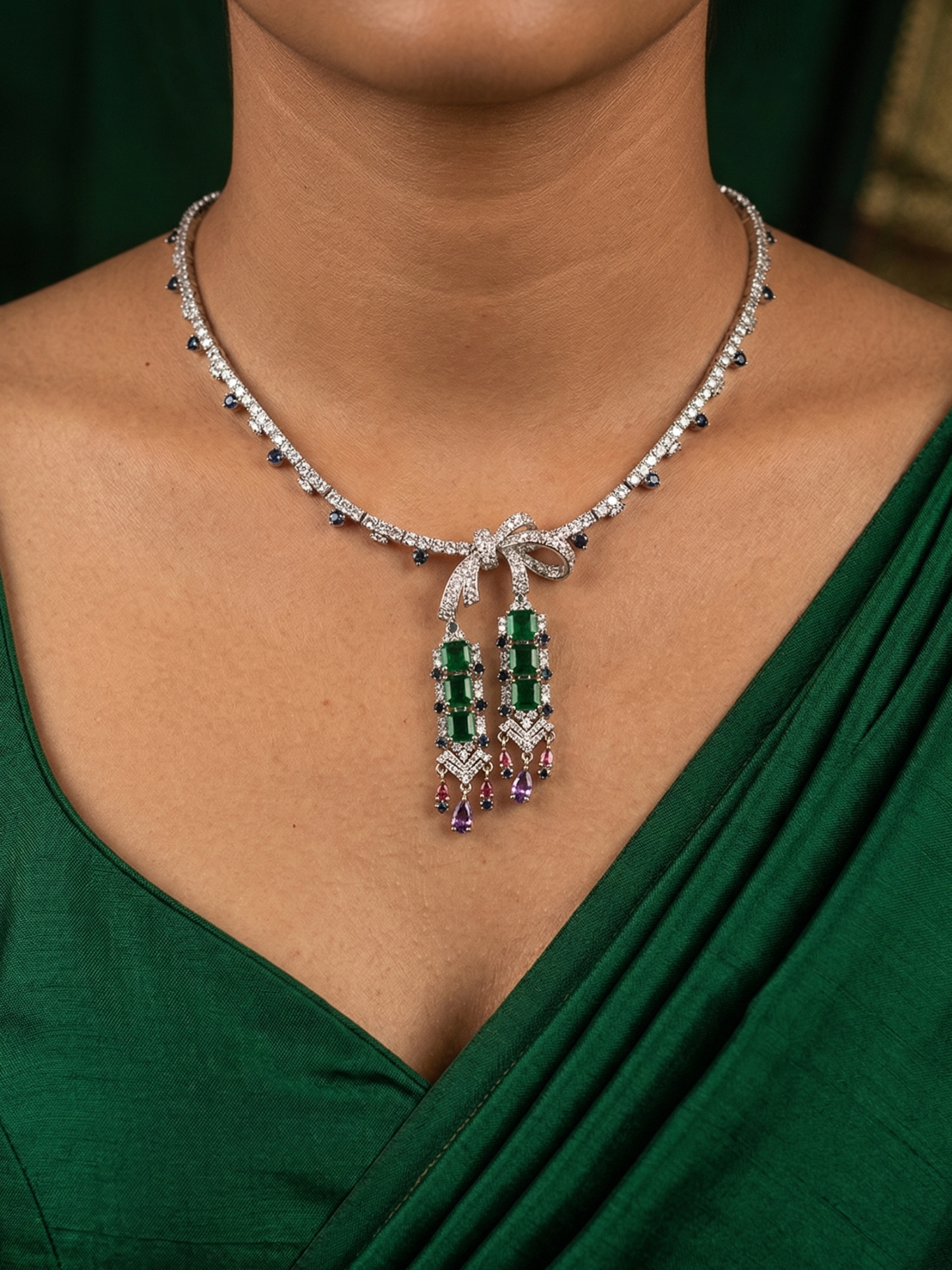 Premium Cubic Zirconia (CZ) necklace set with brilliant-cut white stones and a high-polish silver-tone finish