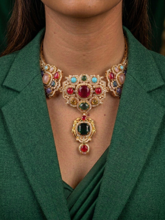 Jodha Ratan Victorian Choker Necklace Set with Heavy Earrings