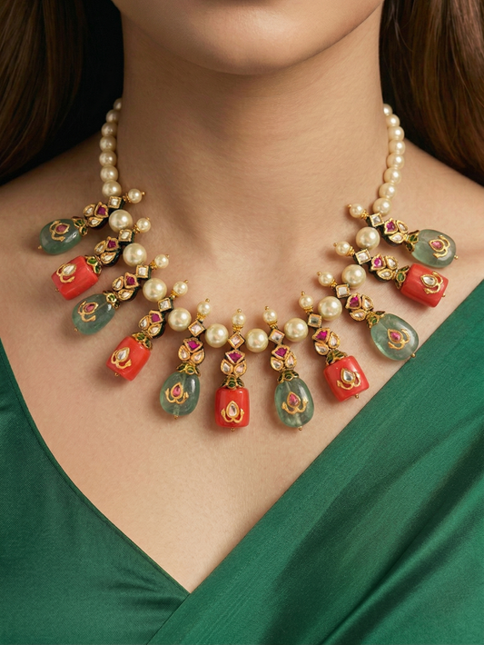 Kundan Kesar Bloom necklace set featuring yellow gemstone accents