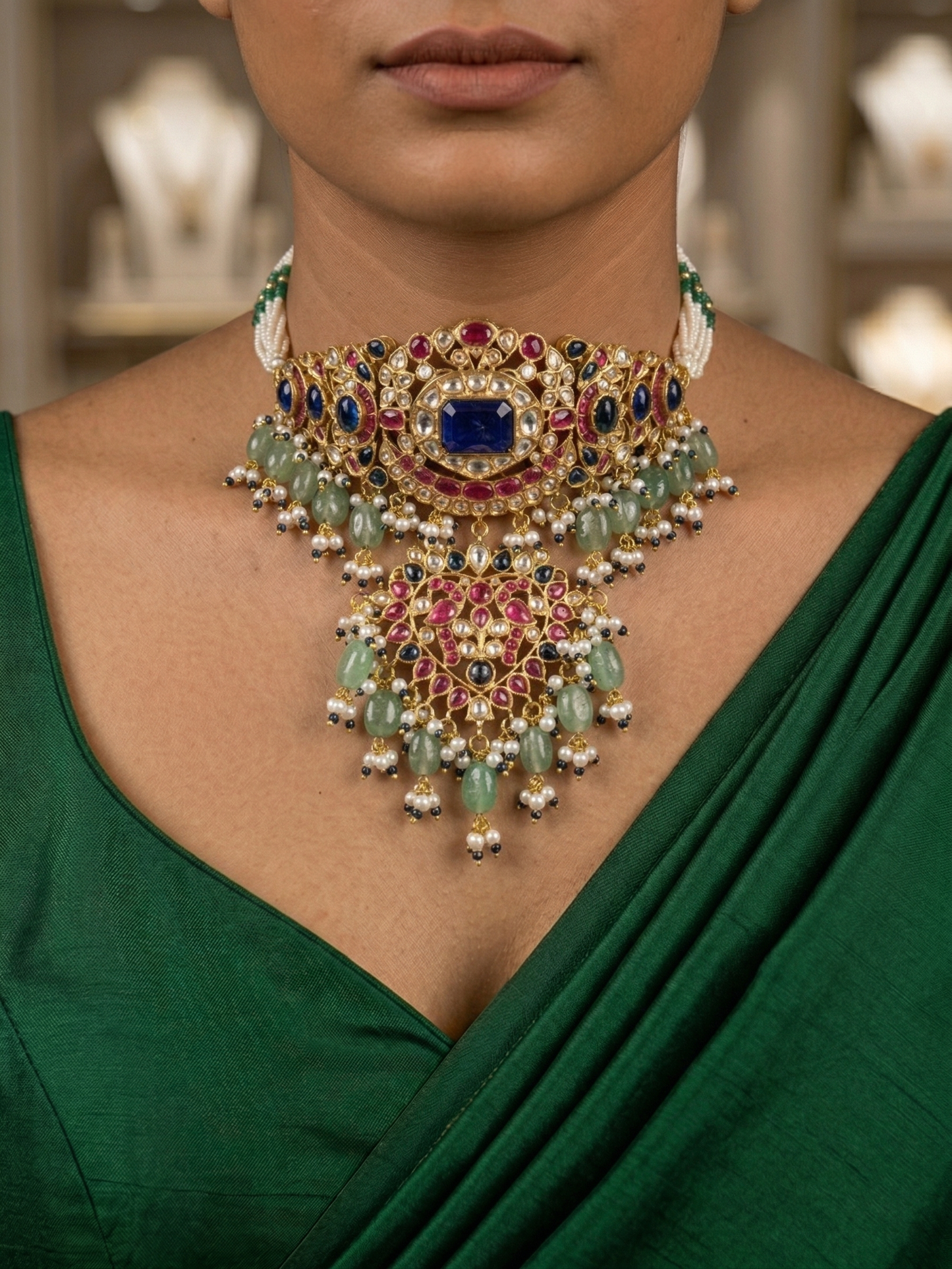 Multi-colored Kundan choker set featuring a vibrant mix of pink, green, and turquoise beads with gold-plated spacers