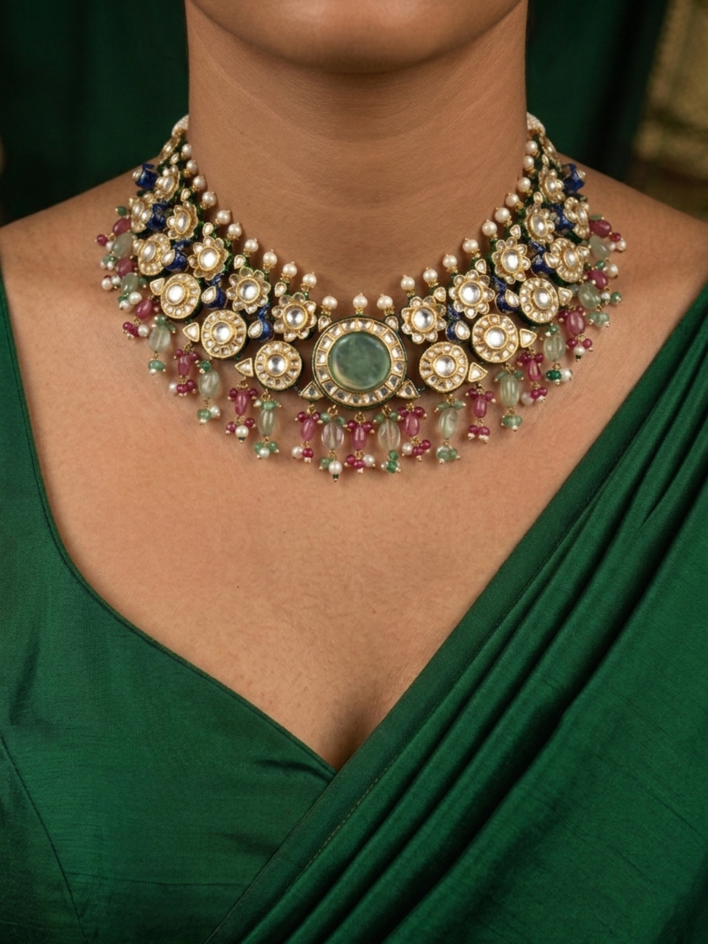 Handcrafted Kundan peacock necklace set with green and red meenakari work