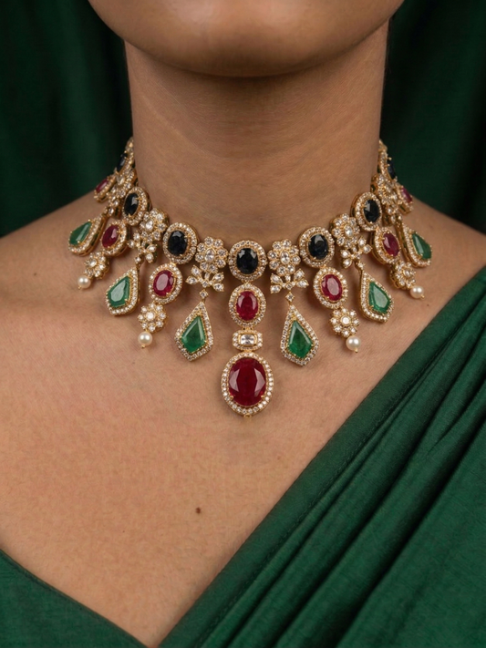 Noor-e-Victoria antique silver-plated necklace set with premium Victorian stones