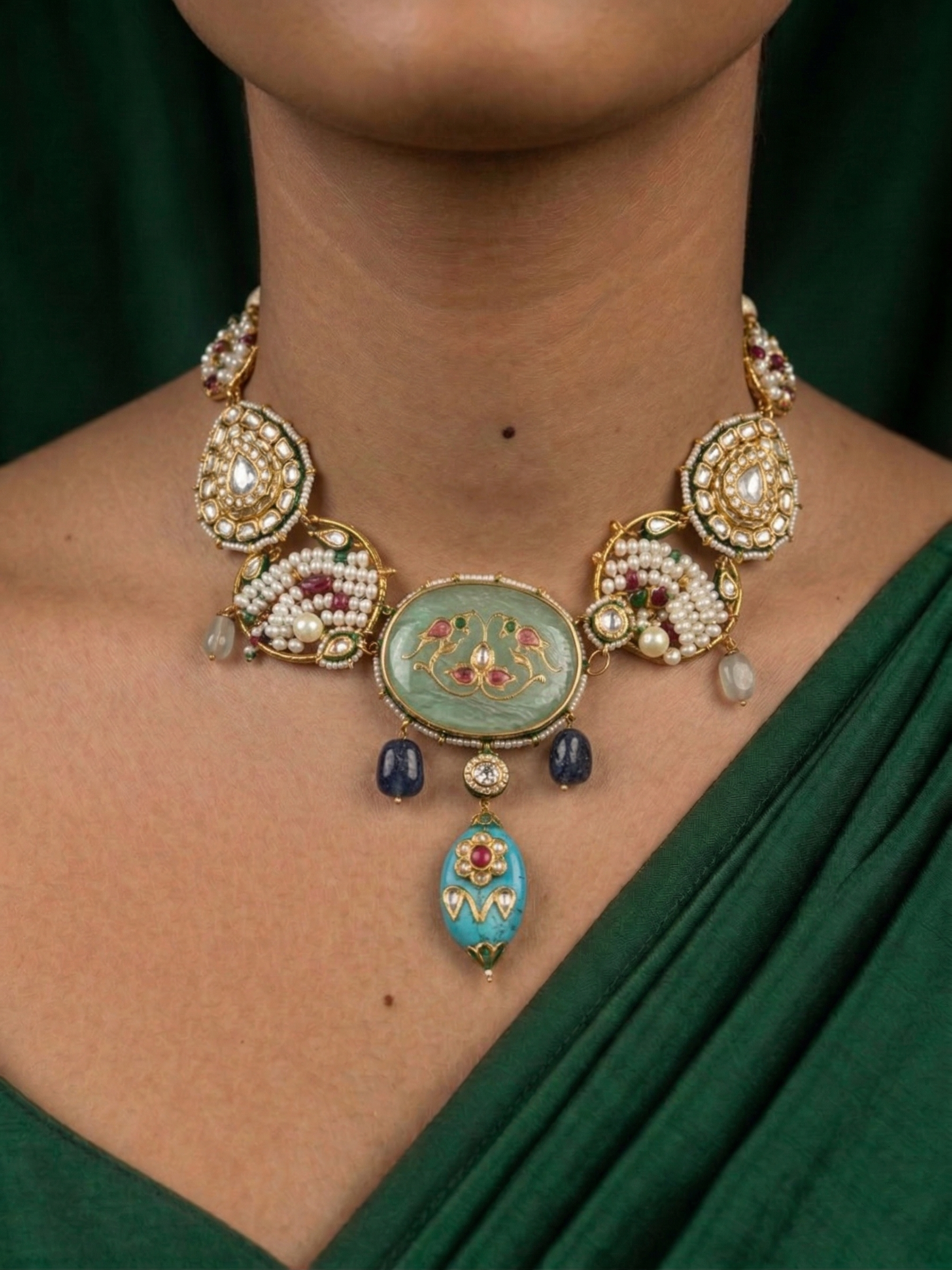 Handcrafted semi-precious stone necklace set with matching drop earrings