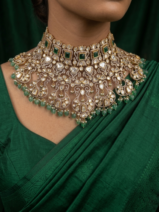Premium Victorian bridal choker set with green stone