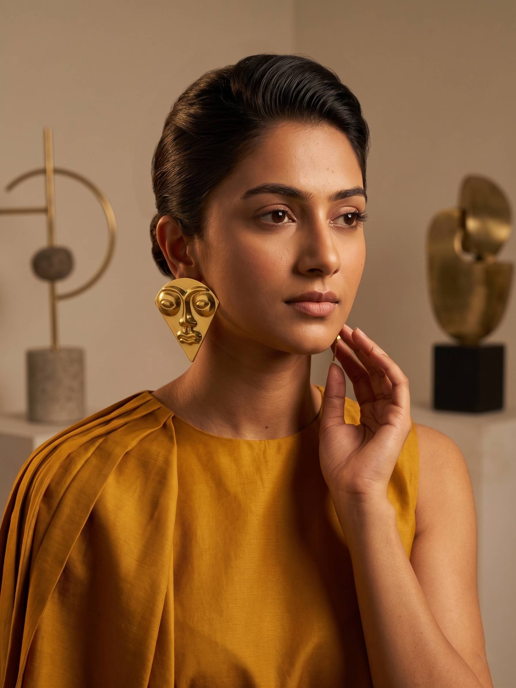 Woman wearing gold earrings and a yellow top in an indoor setting with decorative elements.