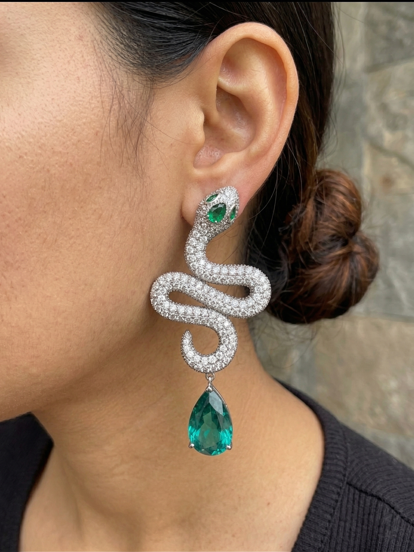 Bvlgari Emerald Green Snake Earrings Gold Plated with Diamond Crystals