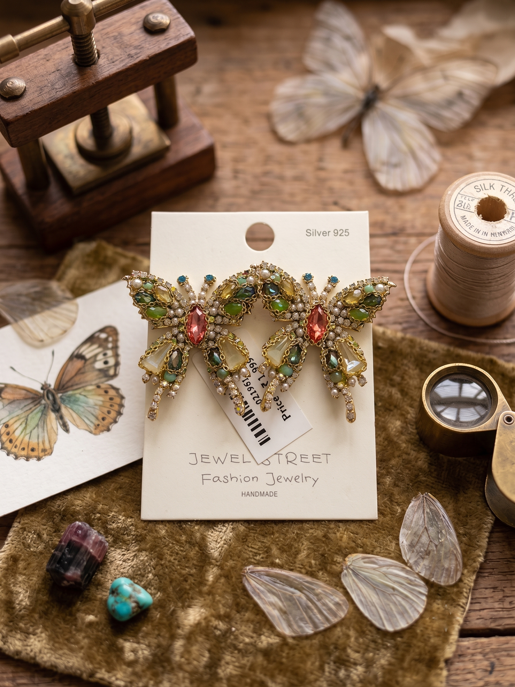 Decorative earrings on a 'Jewel Street' card with butterflies and vintage items in the background