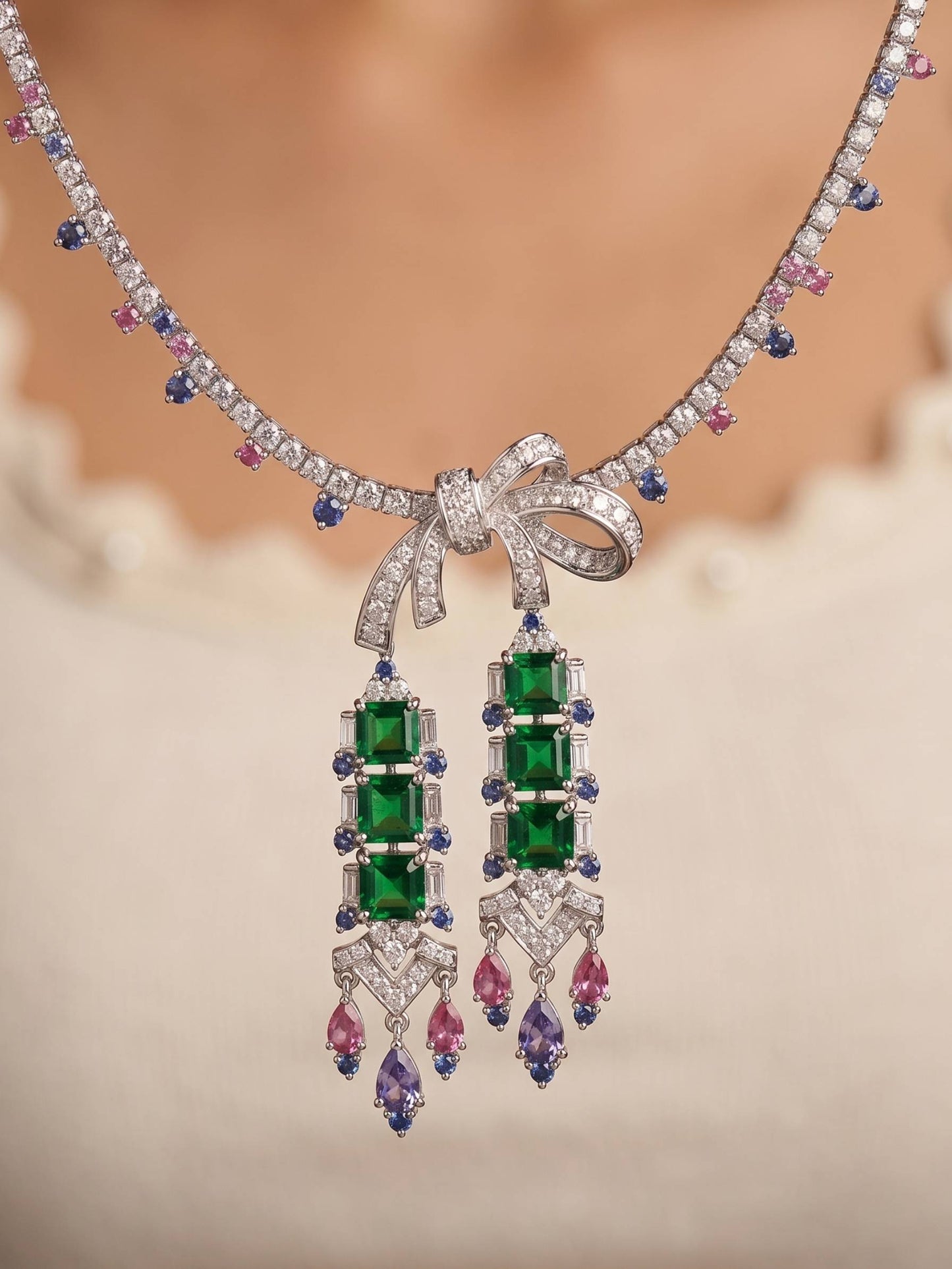 Elegant necklace with emerald and gemstone pendants on a neutral background