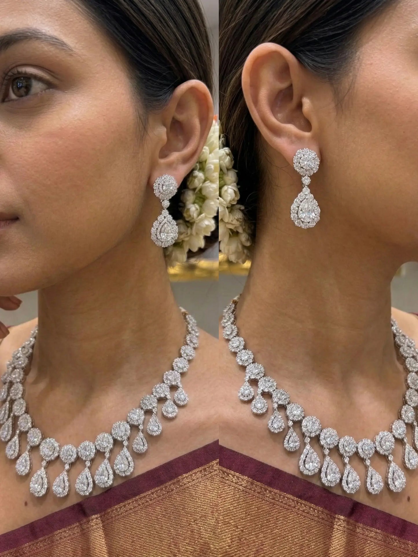 Woman wearing a diamond necklace and earrings with a blurred floral background