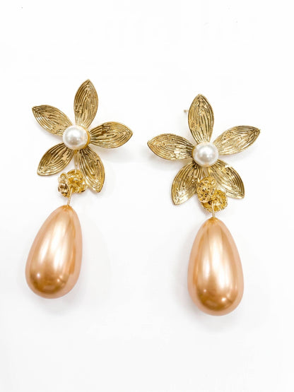 Elegant Floral Pearl Drop Earrings For Women