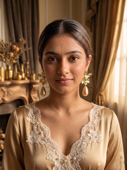 Elegant Floral Pearl Drop Earrings For Women