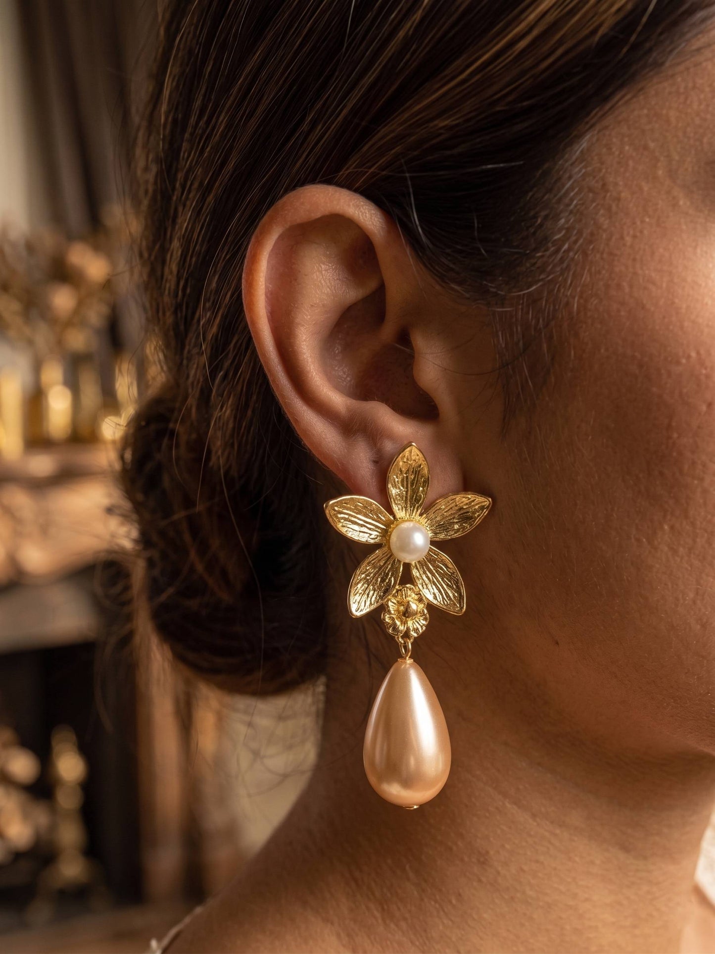 Elegant Floral Pearl Drop Earrings For Women