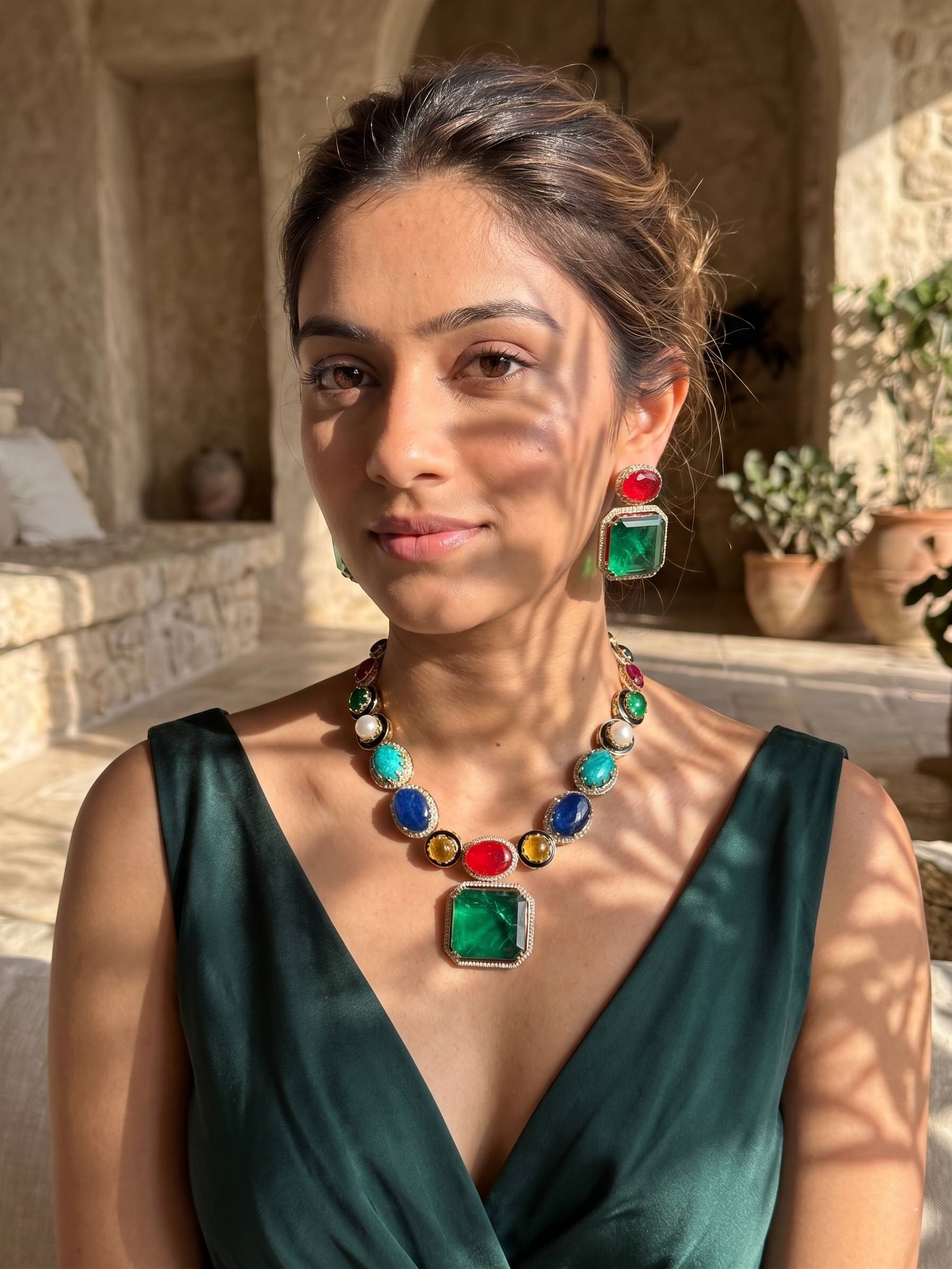 Woman wearing a colorful necklace and earrings in an outdoor setting