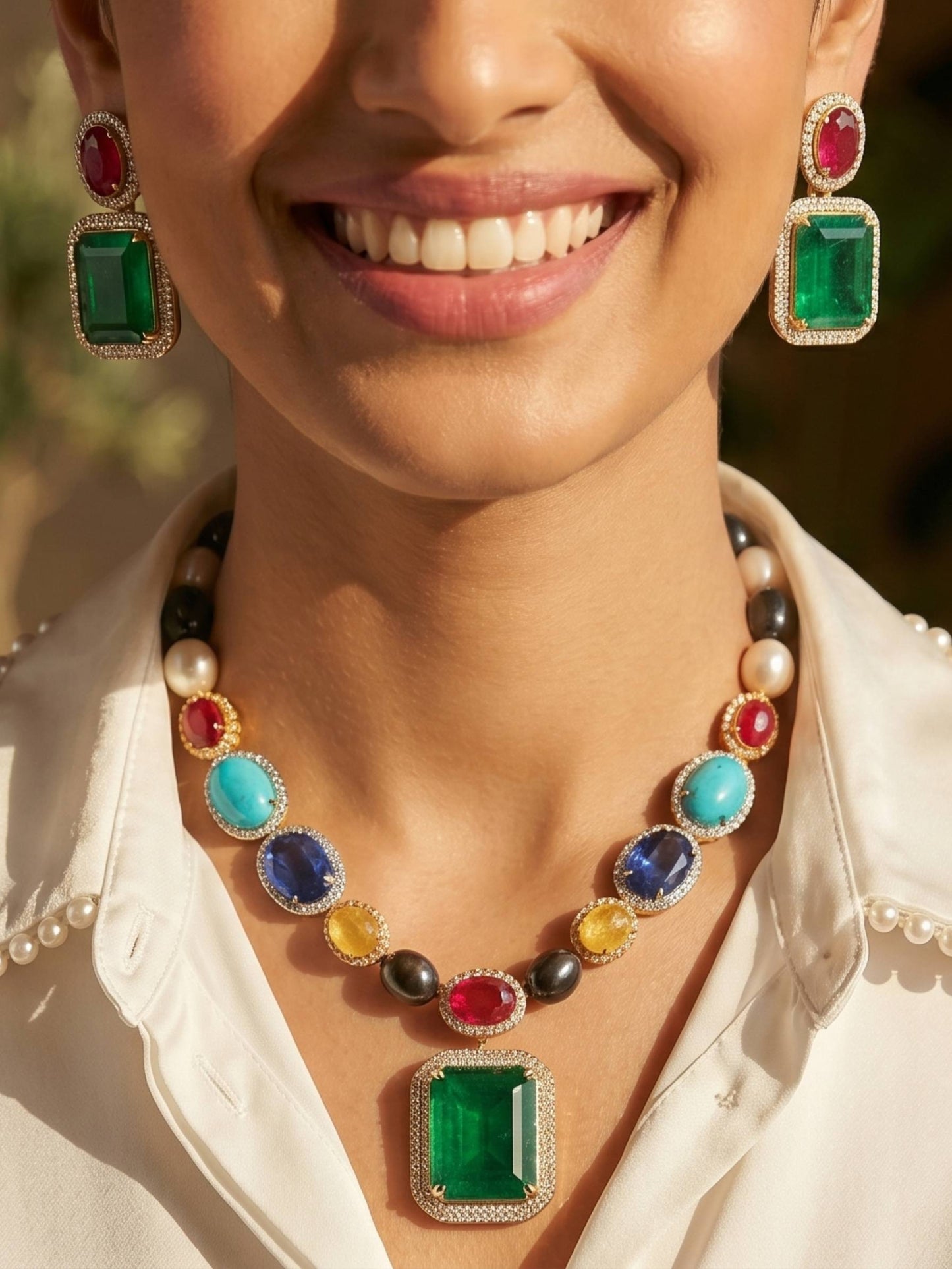 Close-up of a person wearing a colorful gemstone necklace and earrings.
