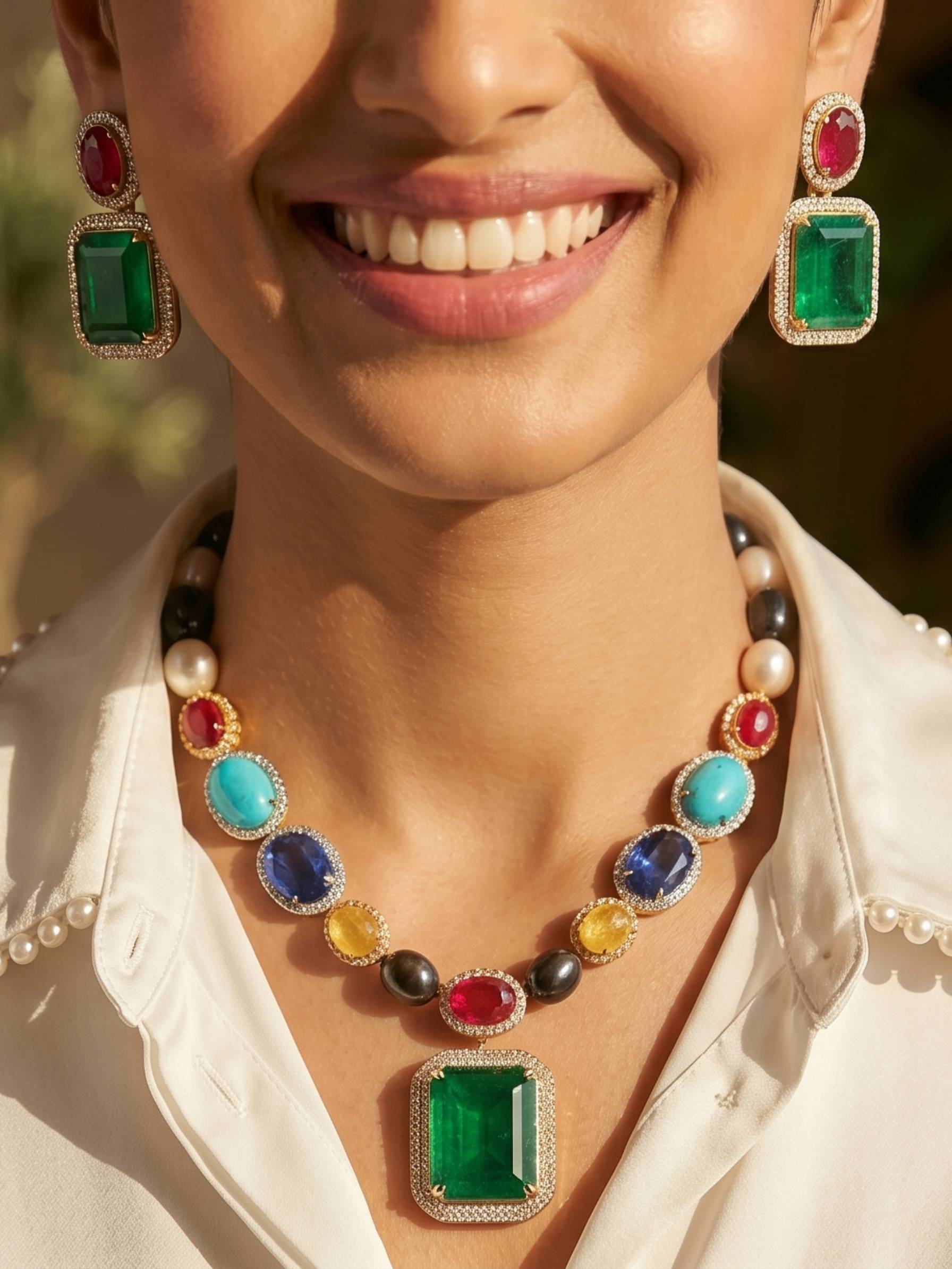 Close-up of a person wearing a colorful gemstone necklace and earrings.