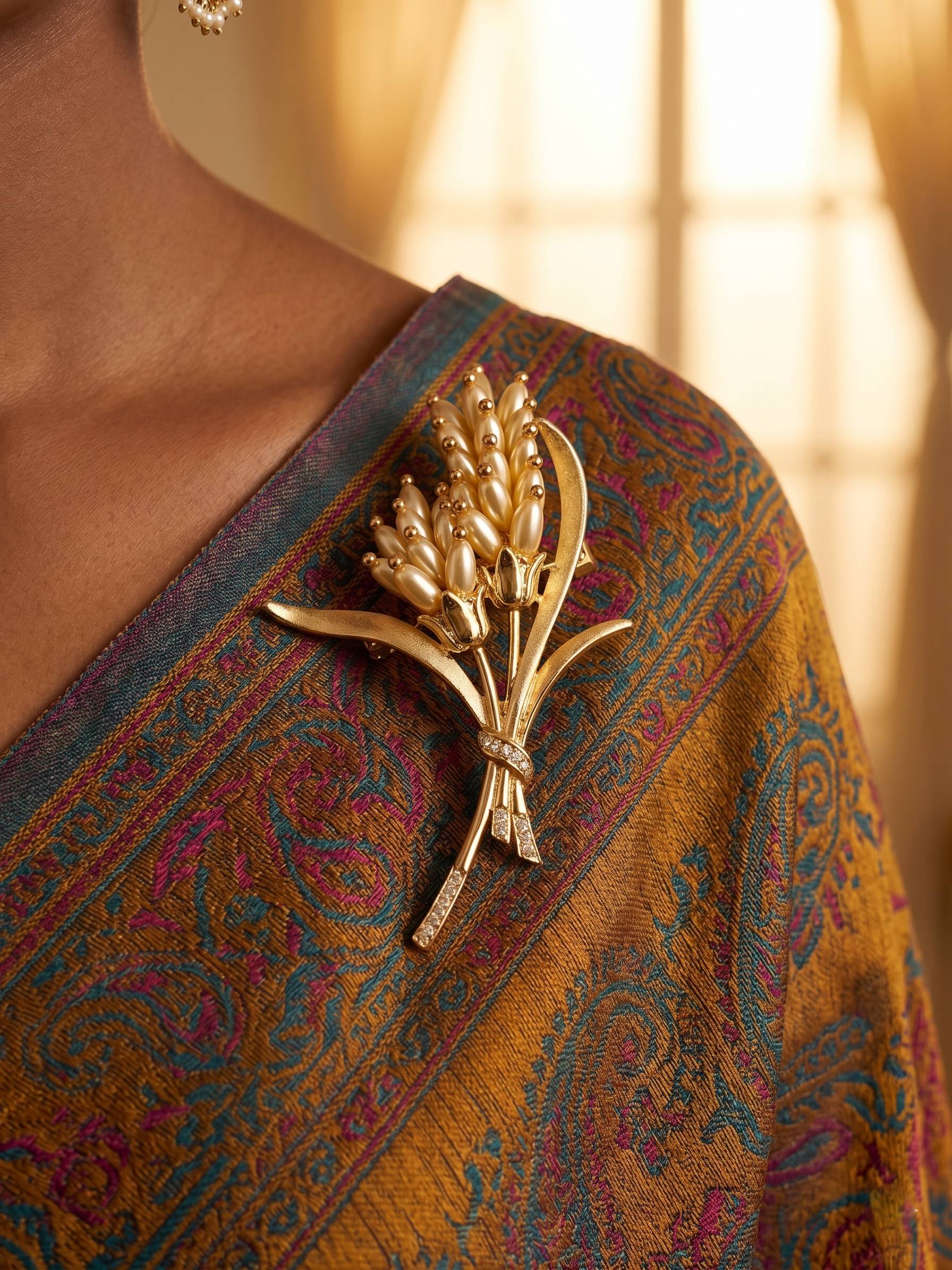 Gold brooch on a patterned fabric with a blurred background