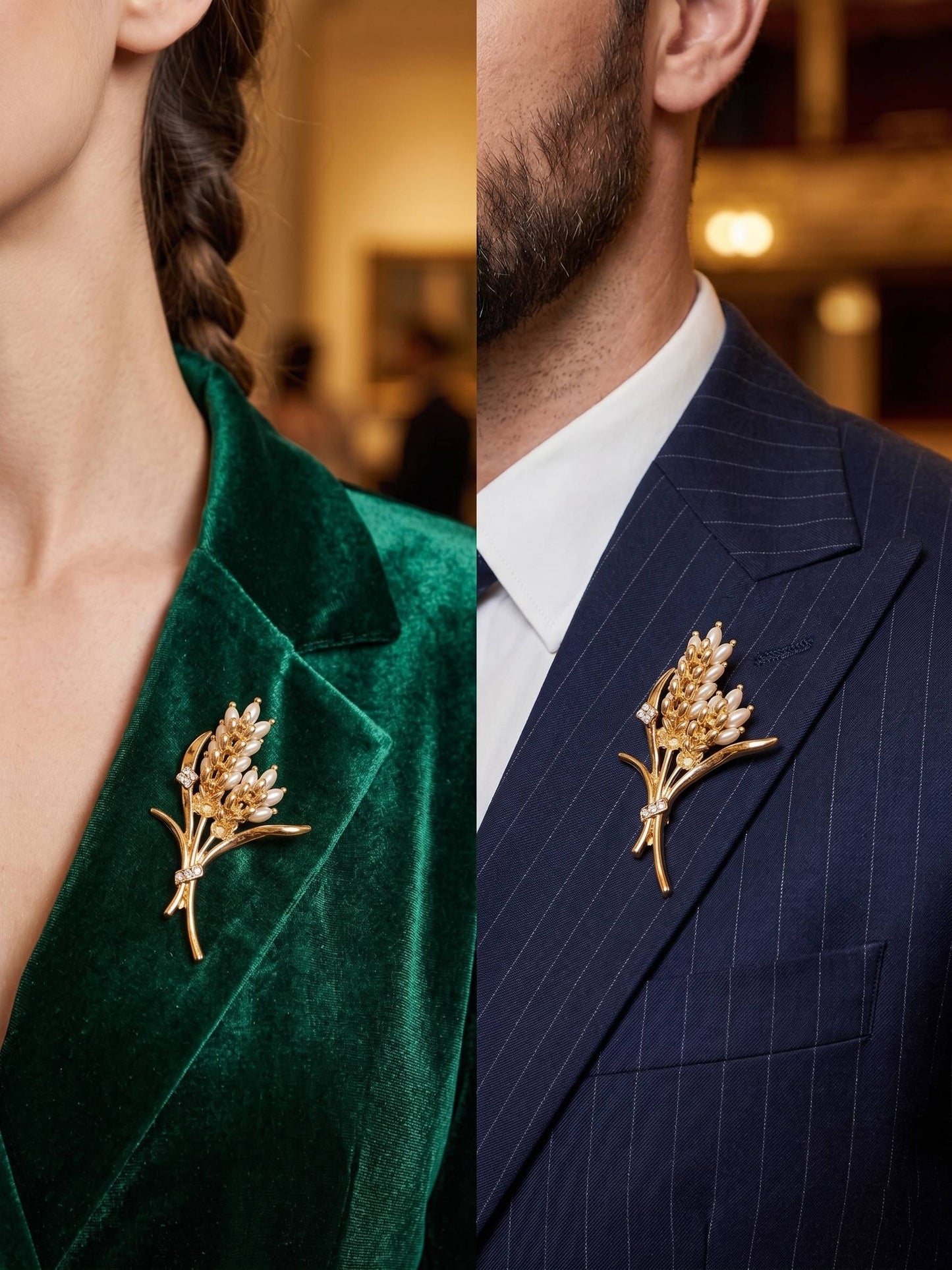 Gold brooches on a person wearing a green velvet jacket and a navy pinstripe suit.