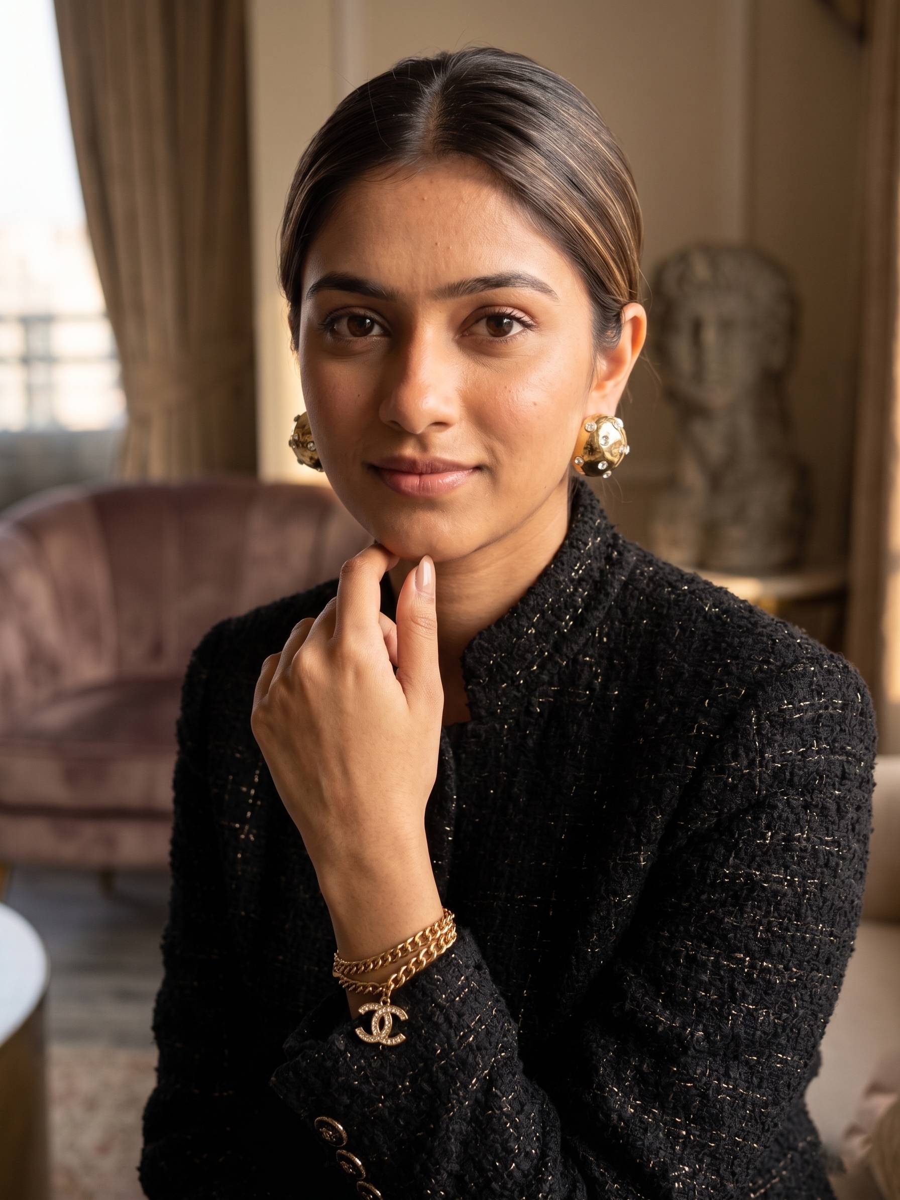 Woman wearing a dark sweater and gold jewelry indoors