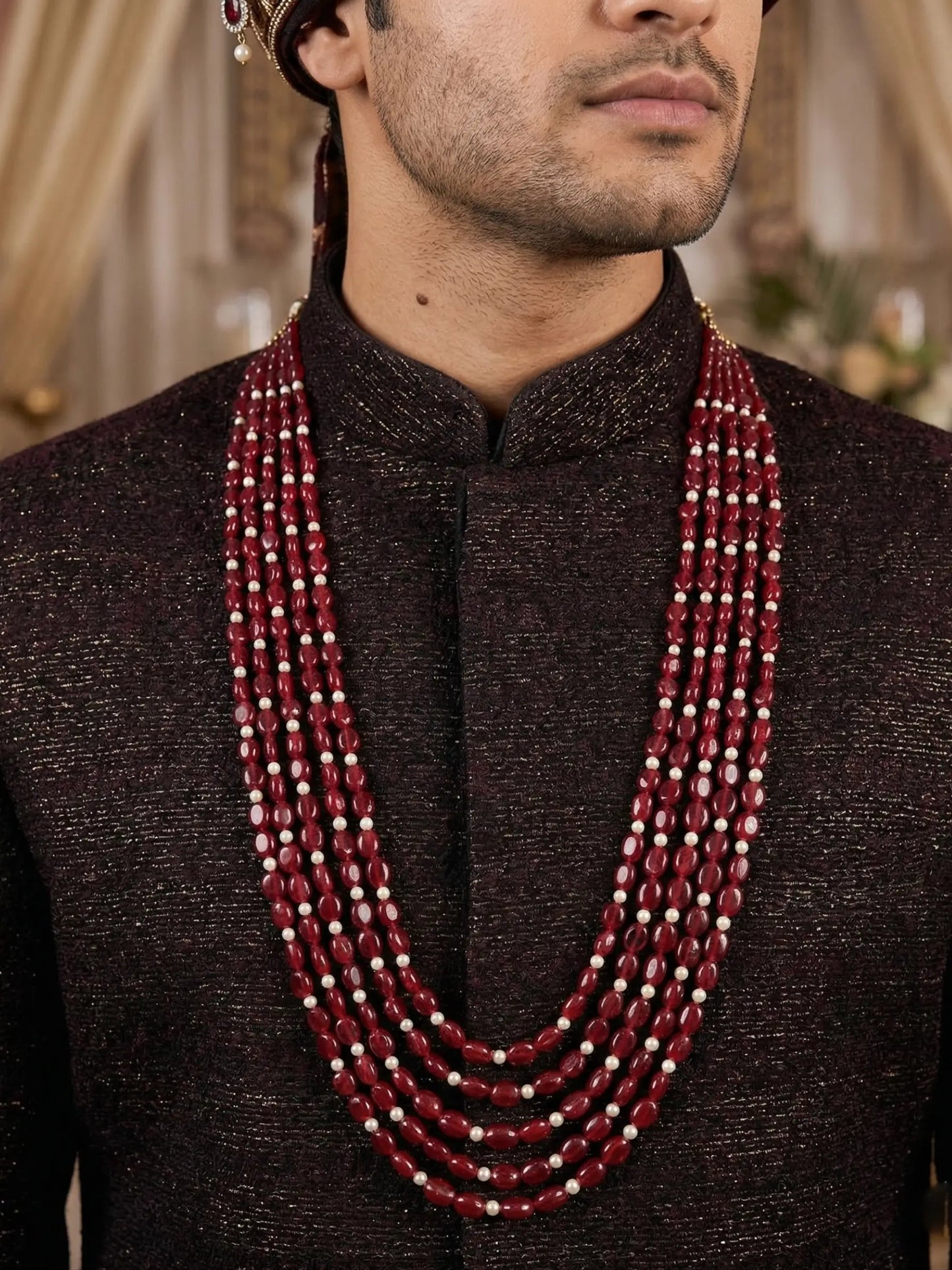 Royal Multi- Strand Red Bead & Pearl Groom Mala