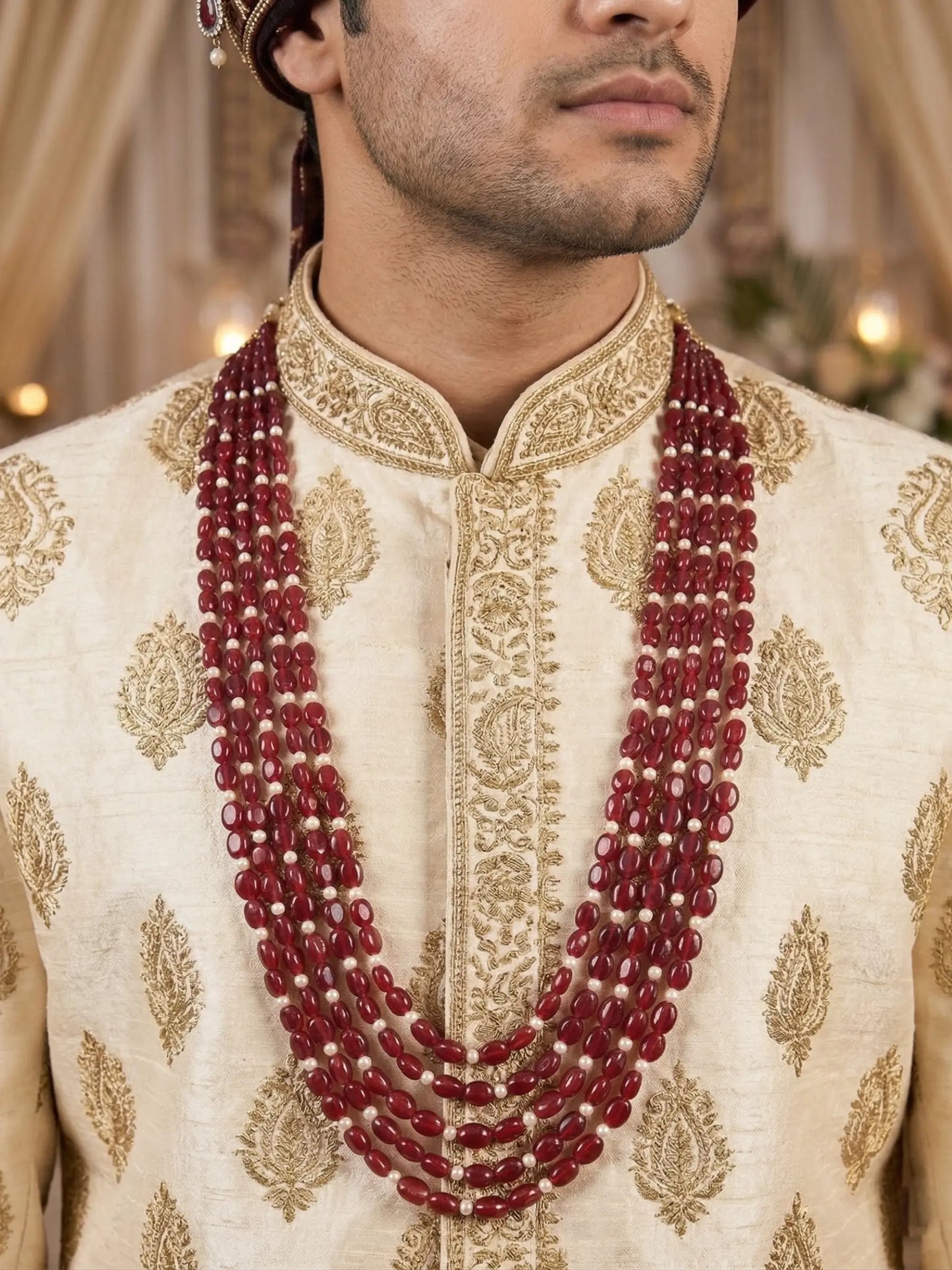 Royal Multi- Strand Red Bead & Pearl Groom Mala