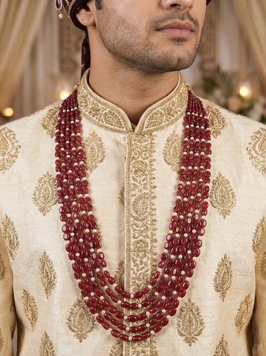 Royal Multi- Strand Red Bead & Pearl Groom Mala