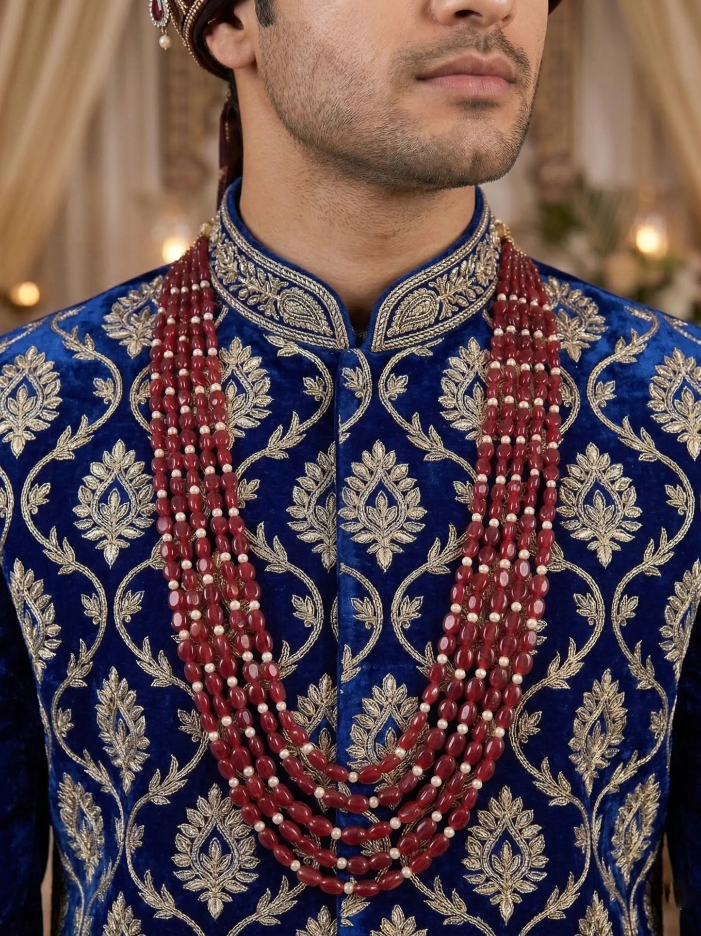 Royal Multi- Strand Red Bead & Pearl Groom Mala