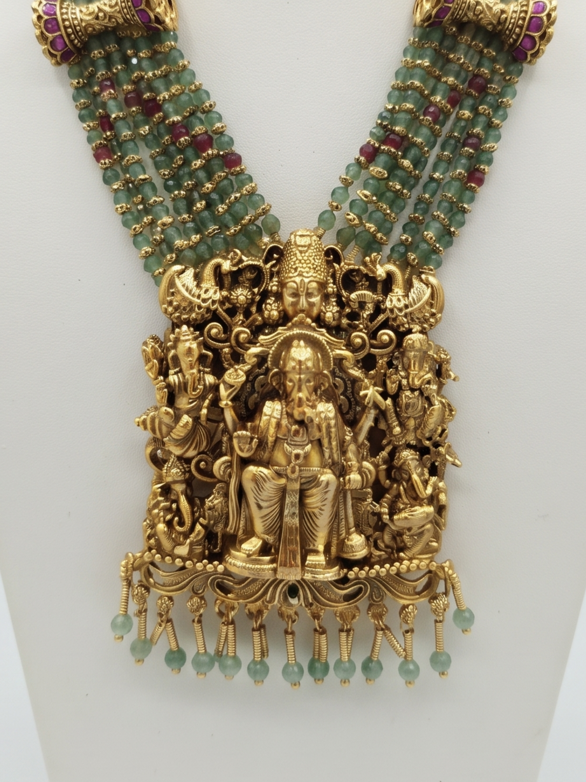 Traditional South Indian Temple Jewellery Rani Haar Set with Green Beaded Layers & Earrings