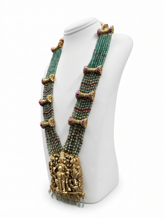 Traditional South Indian Temple Jewellery Rani Haar Set with Green Beaded Layers & Earrings