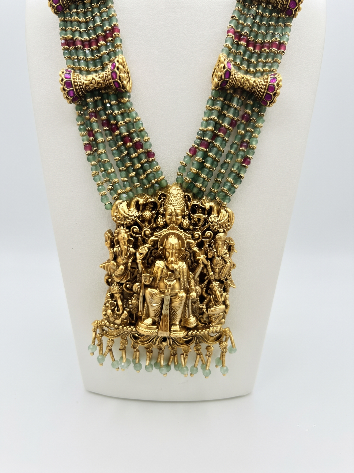 Traditional South Indian Temple Jewellery Rani Haar Set with Green Beaded Layers & Earrings