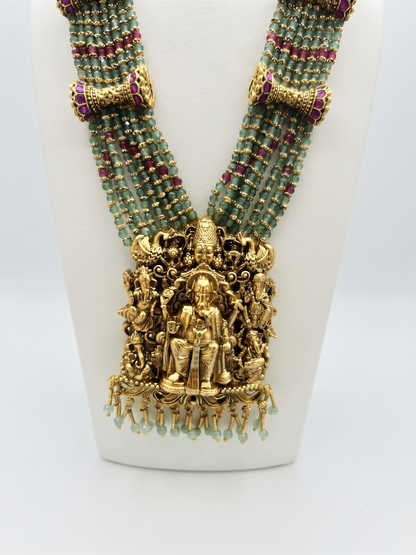 Traditional South Indian Temple Jewellery Rani Haar Set with Green Beaded Layers & Earrings