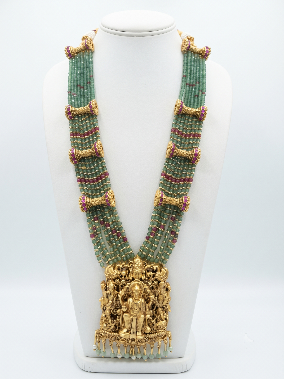 Traditional South Indian Temple Jewellery Rani Haar Set with Green Beaded Layers & Earrings