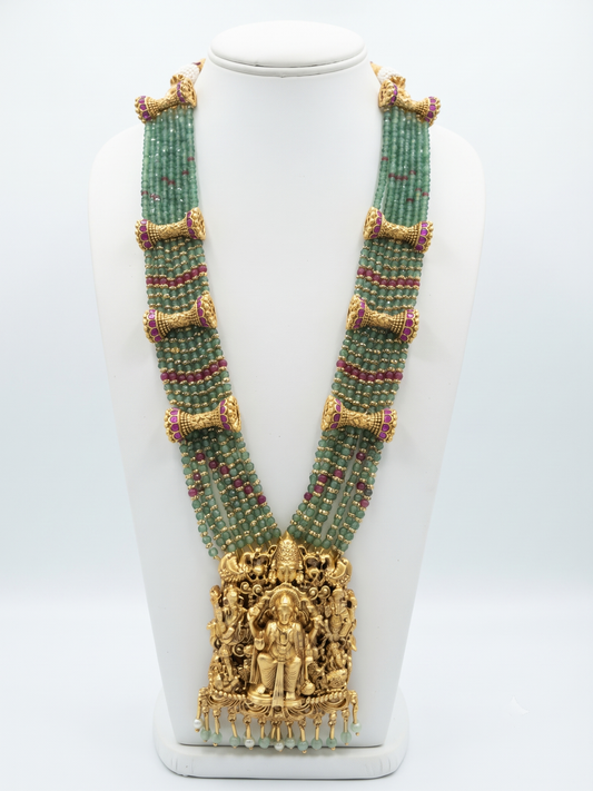 Traditional South Indian Temple Jewellery Rani Haar Set with Green Beaded Layers & Earrings