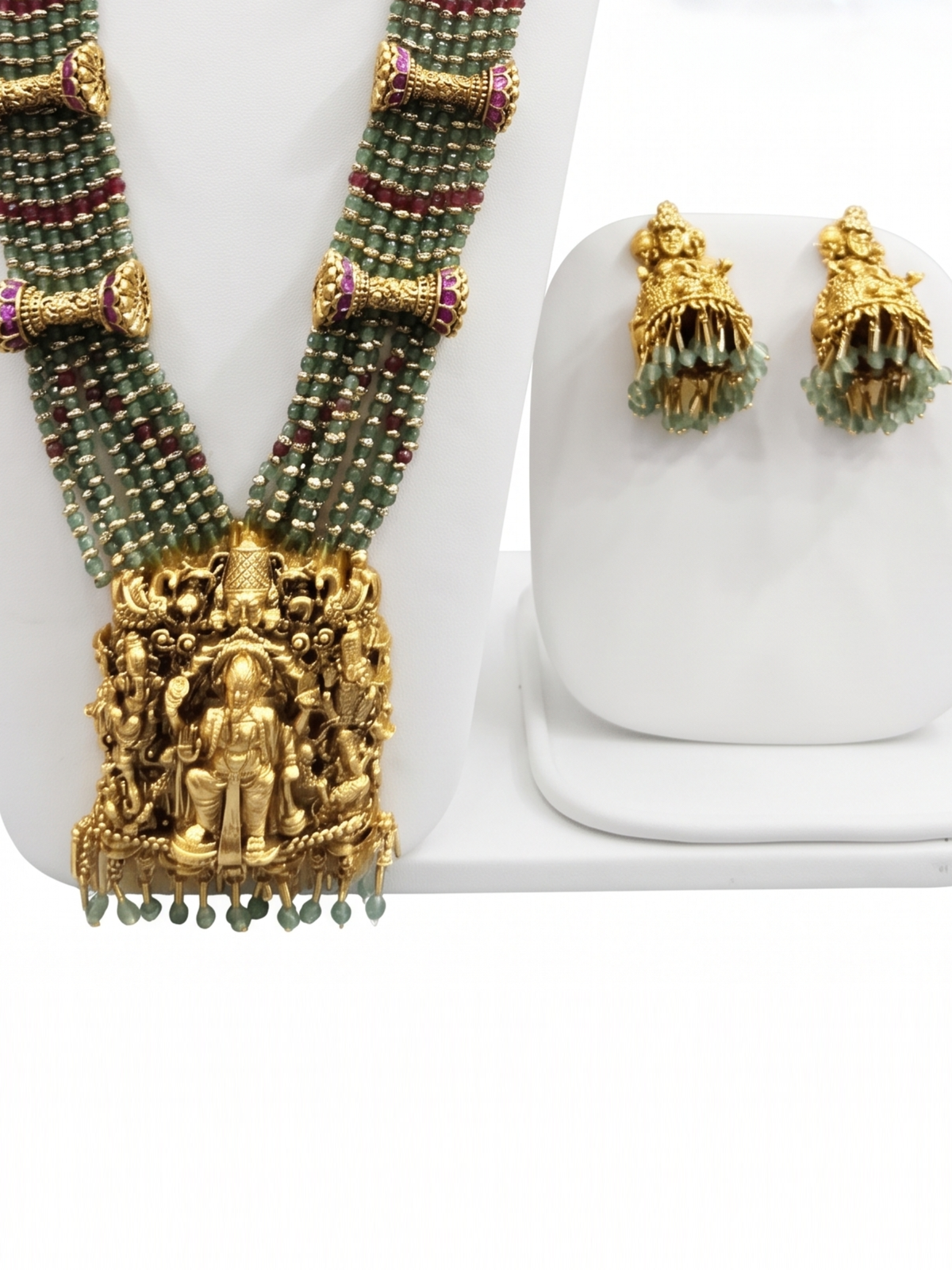 Traditional South Indian Temple Jewellery Rani Haar Set with Green Beaded Layers & Earrings