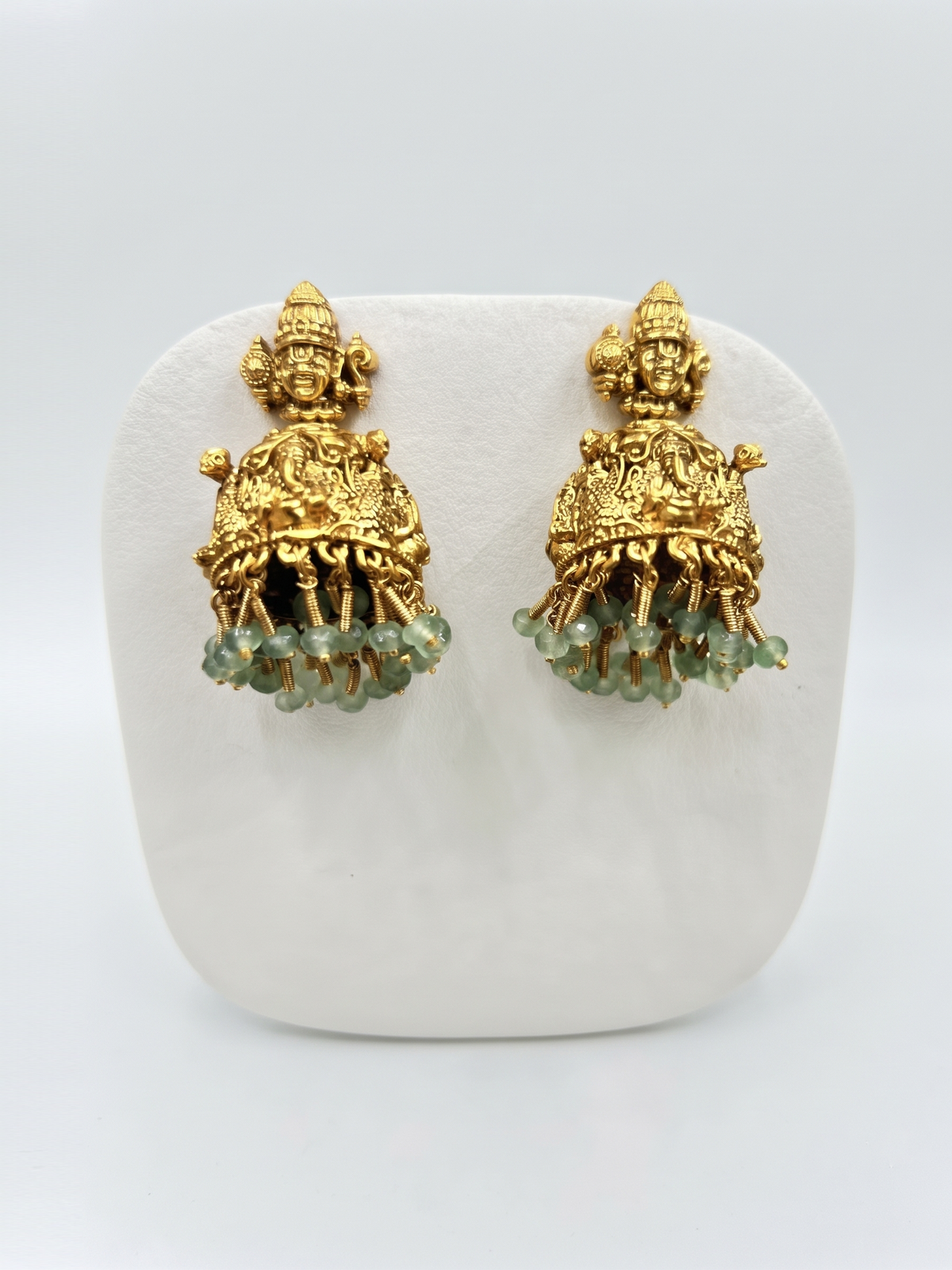 Traditional South Indian Temple Jewellery Rani Haar Set with Green Beaded Layers & Earrings