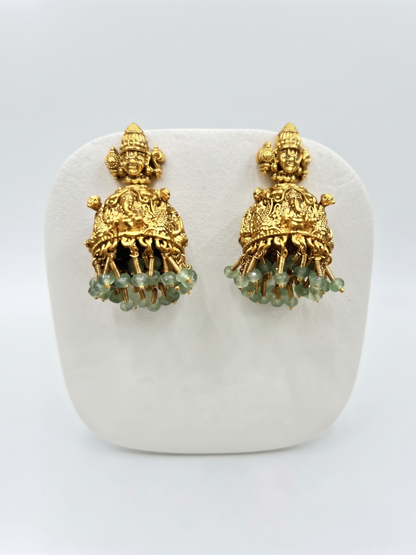 Traditional South Indian Temple Jewellery Rani Haar Set with Green Beaded Layers & Earrings