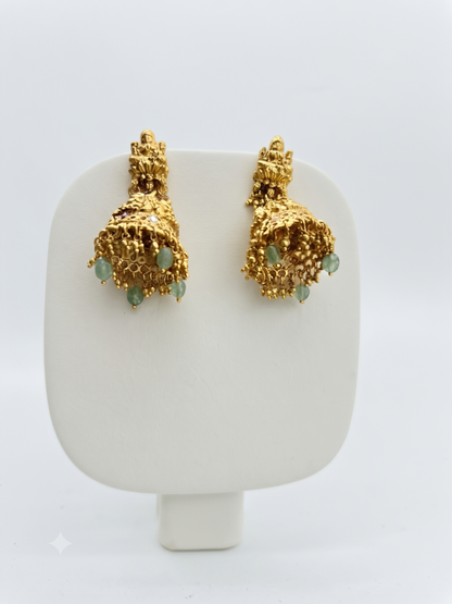 Traditional Temple Gold-Plated Long Haram Set with Green Beads & Ruby Stones | Antique Indian Ethnic Jewelry