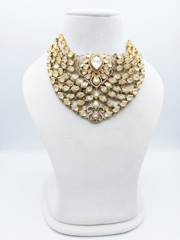 Handcrafted Kundan & Polki Choker Necklace Set with Emerald Drops & Matching Earrings