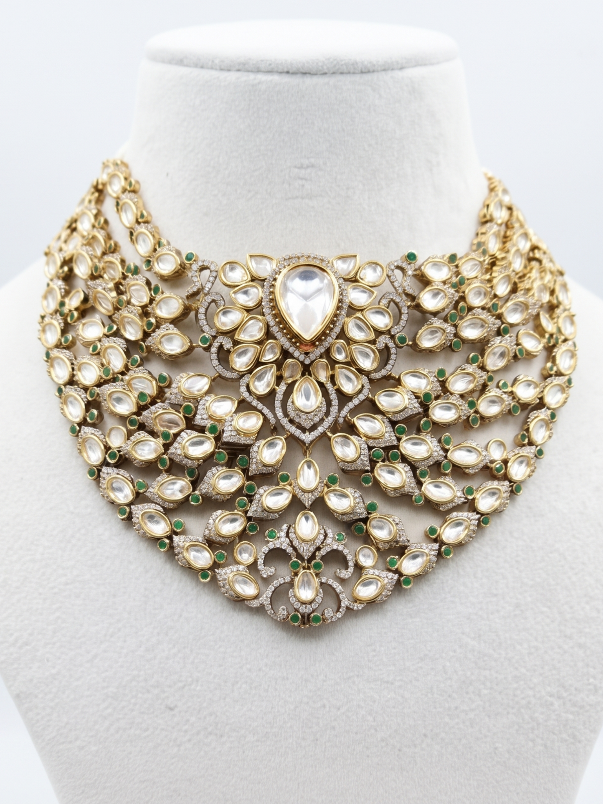Handcrafted Kundan & Polki Choker Necklace Set with Emerald Drops & Matching Earrings