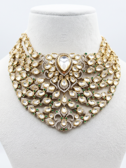 Handcrafted Kundan & Polki Choker Necklace Set with Emerald Drops & Matching Earrings