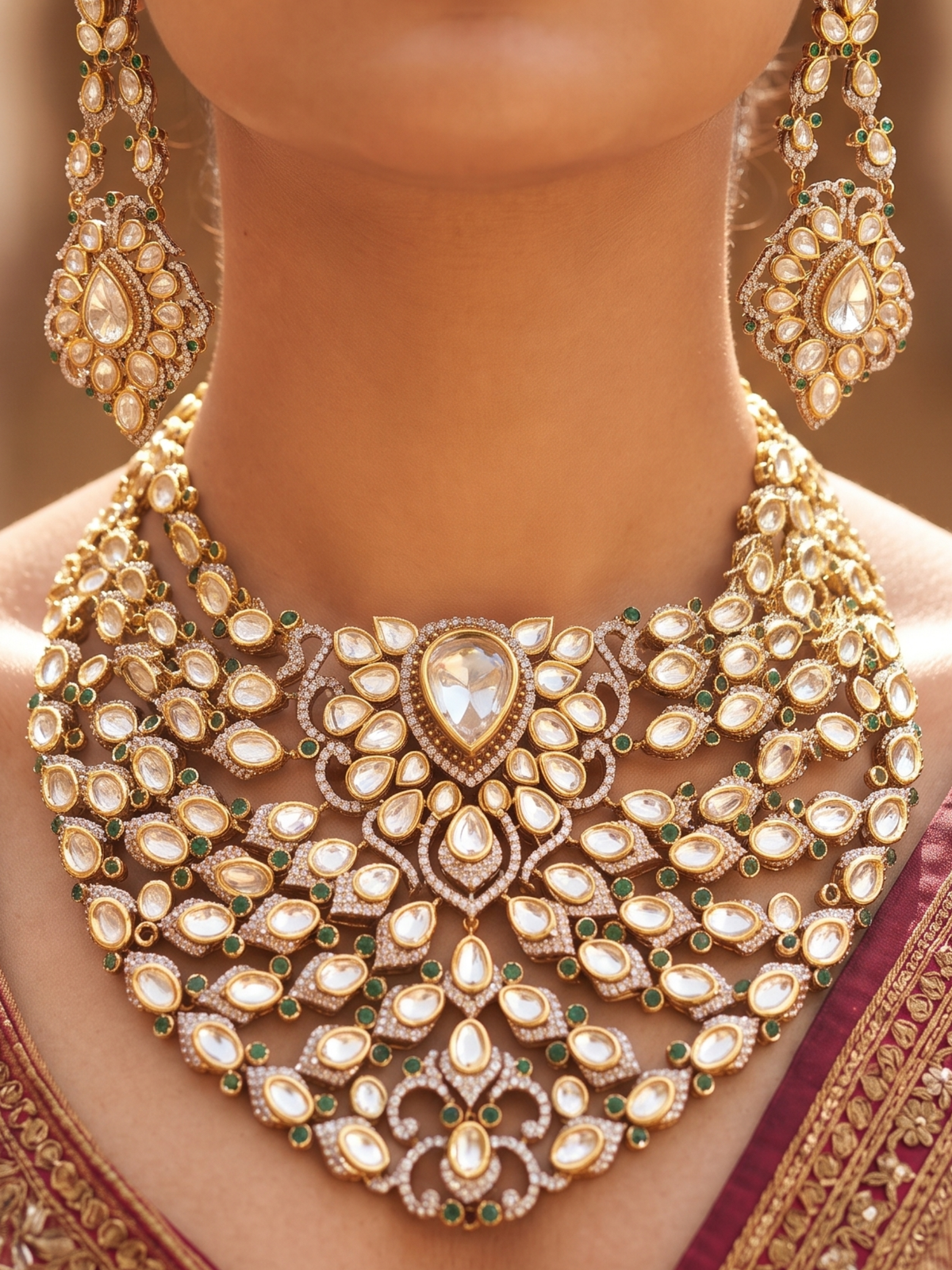 Handcrafted Kundan & Polki Choker Necklace Set with Emerald Drops & Matching Earrings