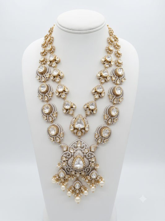 Opulent Double-Layer Polki Kundan Necklace Set with Jadau & Pearl Drops