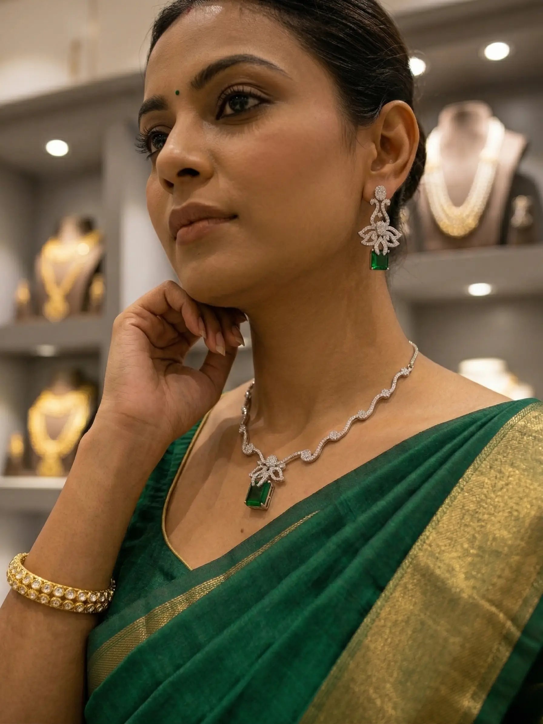 Woman wearing green saree with jewelry in a jewelry store setting